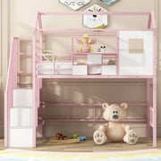 Triple Tree House Kids Metal Full Loft Bed with Stairs and Storage, Pink